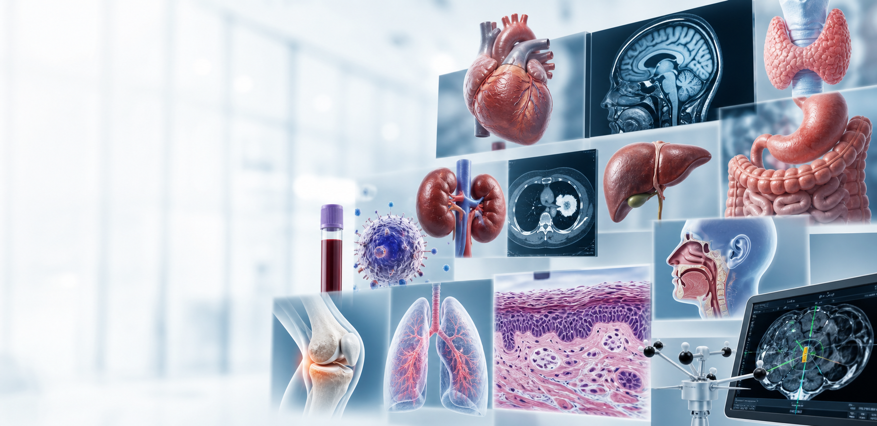 Medical collage with organs, scans, blood, tissue, and anatomy